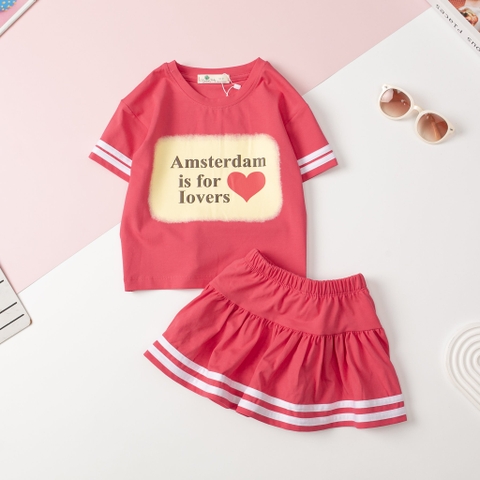 Bộ mùa hè cotton in chữ Amsterdam kèm chân váy Love size nhí 2/7 tuổi