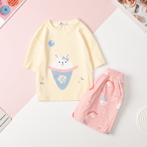 Bộ cotton Bé gái ngắn tay hình dâu tây, kem, Mickey size 2/10 Tuổi