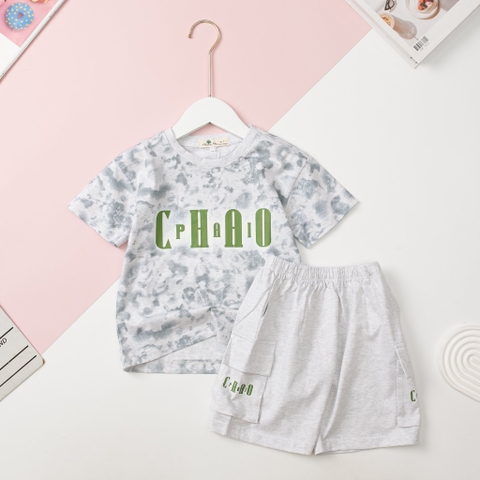 Bộ cotton Bé trai ngắn tay in chữ CHAO size 13/17T