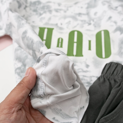 Bộ cotton Bé trai ngắn tay in chữ CHAO size 13/17T