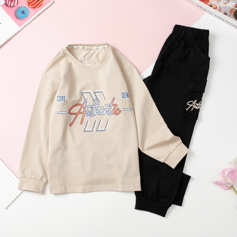 Bộ cotton thu đông Bé trai in chữ Authentic size đại 8/16T