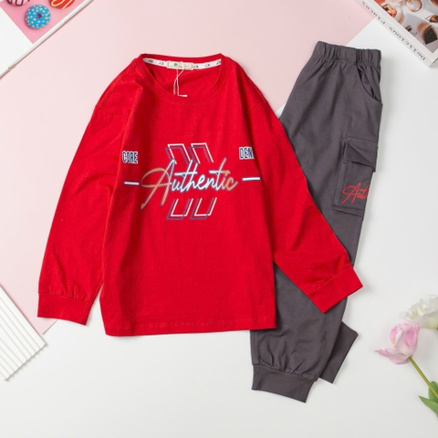Bộ cotton thu đông Bé trai in chữ Authentic size đại 8/16T