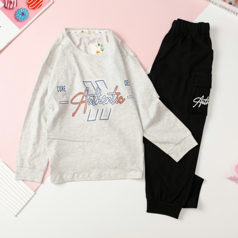 Bộ cotton thu đông Bé trai in chữ Authentic size đại 8/16T