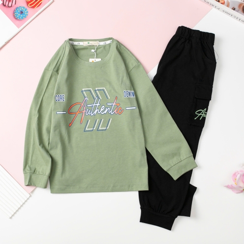 Bộ cotton thu đông Bé trai in chữ Authentic size đại 8/16T