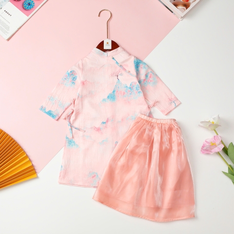 Áo dài Bé gái hoa văn đính ngọc trai size 2/6 tuổi