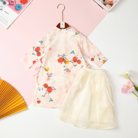 Áo dài Bé gái hoa văn đính ngọc trai size 2/6 tuổi