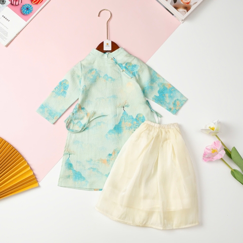 Áo dài Bé gái hoa văn đính ngọc trai size 8/12 tuổi