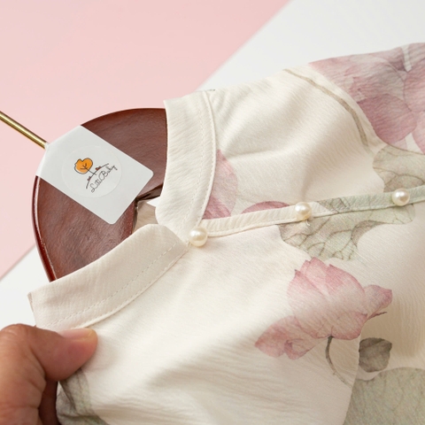 Áo dài Bé gái hoa văn đính ngọc trai size 8/12 tuổi