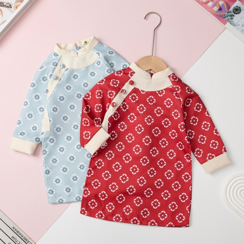 Áo dài nhung bé trai cúc lệch vai size 1/7 tuổi