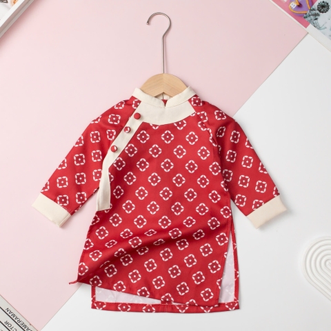 Áo dài nhung bé trai cúc lệch vai size 1/7 tuổi