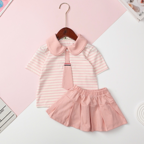 Bộ cotton Bé gái áo kẻ cà vạt, kèm chân váy size 2/12 tuổi