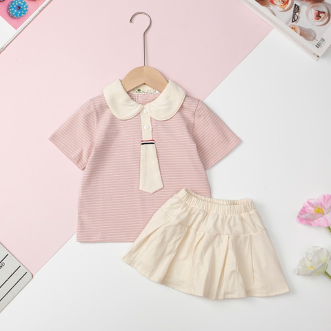 Bộ cotton Bé gái áo kẻ cà vạt, kèm chân váy size 2/12 tuổi