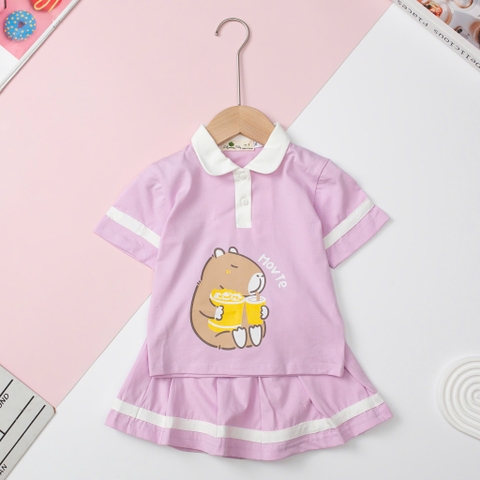 Bộ áo phông cổ bẻ kèm chân váy hình cô gái, capybara size 2/12 tuổi