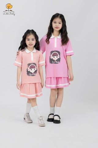 Bộ áo phông cổ bẻ kèm chân váy hình cô gái, capybara size 2/12 tuổi