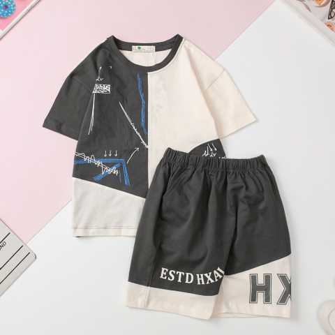 Bộ cotton trẻ em - BT B001, Bộ quần áo cộc tay bé trai mùa hè size 4/16 phối HX