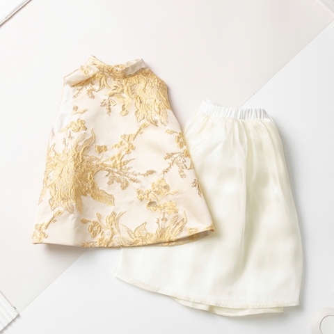 Bộ thời trang trẻ em - F01 size 2/10T, Set áo yếm gấm đuôi xòe phồng kèm chân váy lụa mềm