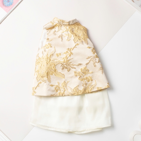 Bộ thời trang trẻ em - F01 size 2/10T, Set áo yếm gấm đuôi xòe phồng kèm chân váy lụa mềm