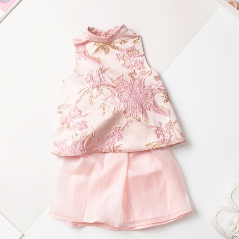 Bộ thời trang trẻ em - F01 size 2/10T, Set áo yếm gấm đuôi xòe phồng kèm chân váy lụa mềm