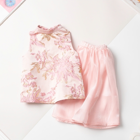 Bộ thời trang trẻ em - F01 size 2/10T, Set áo yếm gấm đuôi xòe phồng kèm chân váy lụa mềm