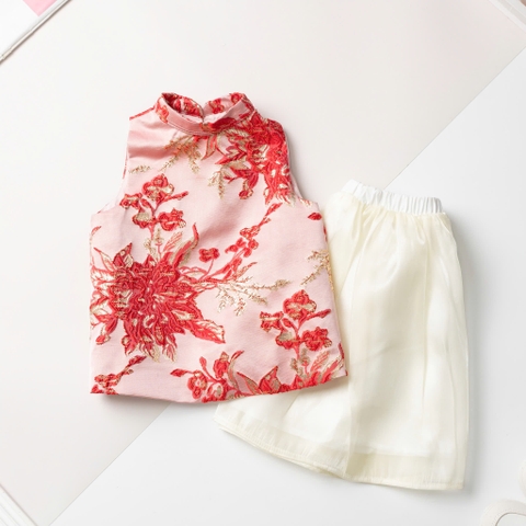 Bộ thời trang trẻ em - F01 size 2/10T, Set áo yếm gấm đuôi xòe phồng kèm chân váy lụa mềm