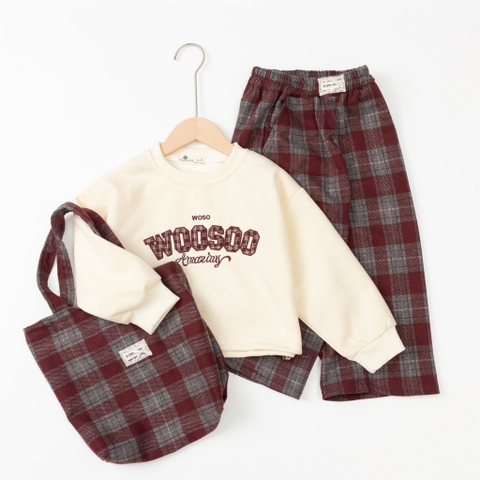 Bộ thời trang trẻ em-F04 nỉ quần kẻ 6/14