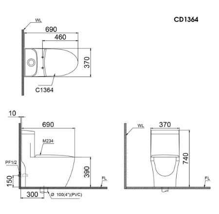 Bàn Cầu Một Khối CAESAR-CD1364