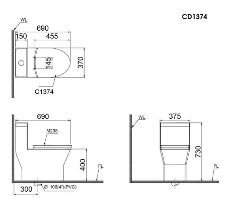 Bàn Cầu Một Khối CAESAR-CD1374