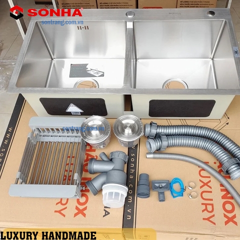 CHẬU INOX 304 HANDMADE LUXURY Sơn Hà 2 hố Cân
