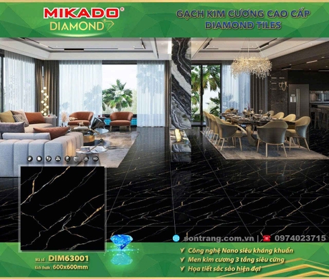 Gạch Porcelain 60x60 Mikado DIM63001 Đen tia chớp bóng - Men Kim cương
