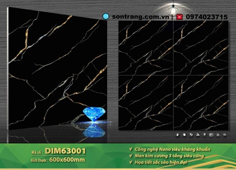 Gạch Porcelain 60x60 Mikado DIM63001 Đen tia chớp bóng - Men Kim cương