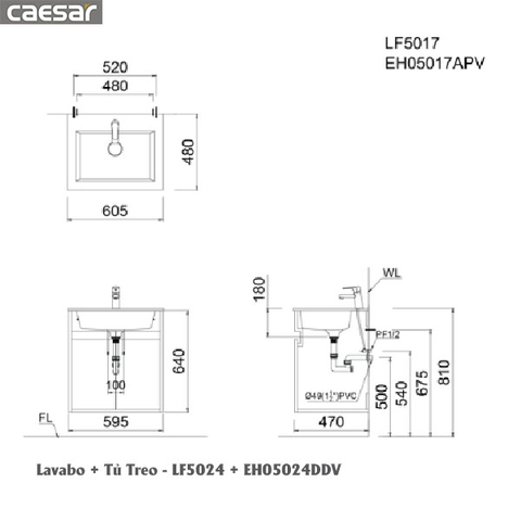 Lavabo + Tủ Treo CAESAR - LF5017+EH05017AV