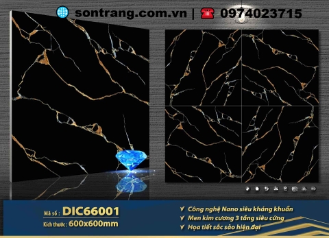 Gạch Porcelain 60x60 Mikado DIC66001 Đen tia chớp đen bóng - Men Kim cương