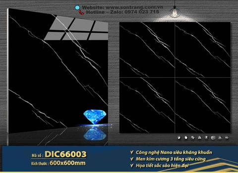 Gạch Porcelain 60x60 Mikado DIC66003 Đen tia chớp đen bóng - Men Kim cương