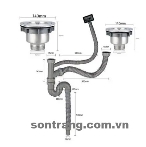 Bộ Xi Phông thoát nước chậu rửa bát 2 hố LỆCH