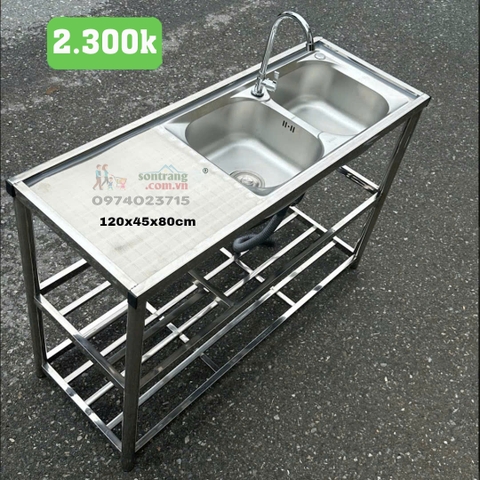 Chậu rửa bát có chân 2 hố CÓ BÀN  (KT 120x45x80)
