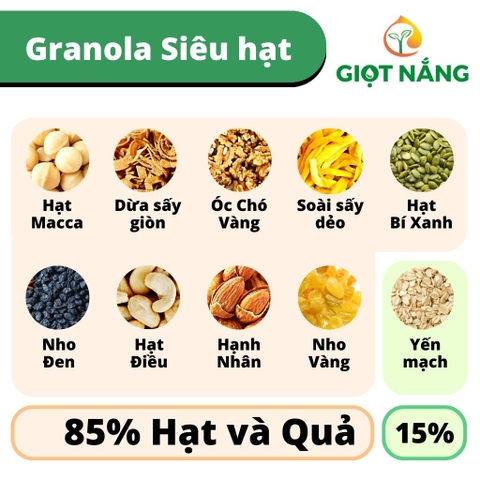 Granola siêu hạt 85% hạt 15% yến mạch có thêm hạt macca 500gr từ Nông Sản Giọt Nắng