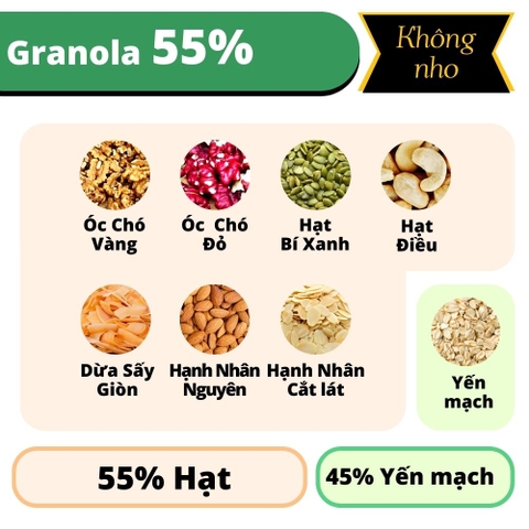 Granola 45% Yến mạch Premium Không nho có thêm dừa sấy giòn 500g từ Nông Sản Giọt Nắng