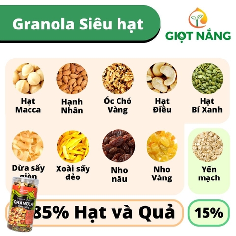 Granola Siêu Hạt Ít Yến Mạch Ăn Kiêng Ngũ Cốc Dinh Dưỡng Ăn Sáng Eat Clean từ Nông Sản Giọt Nắng