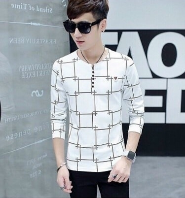 Áo Thun Dài Tay Trắng Sọc Caro Cách Điệu