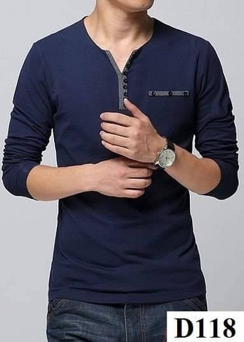 D118 - Áo Thun Dài Tay Xanh Đen Phối Nút Cổ