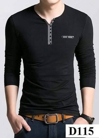 D115 - Áo Thun Nam Dài Tay Đen Phối Nút Cổ