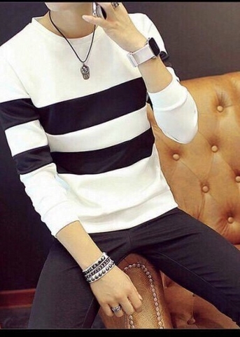 Áo Thun Dài Tay Sọc Trắng Đen