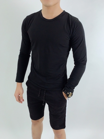 Áo Thun Nam Dài Tay Đen Trơn Cổ Tròn Form Body