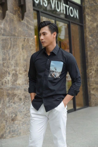 Áo Sơ Mi Đen Dài Tay In Hình
