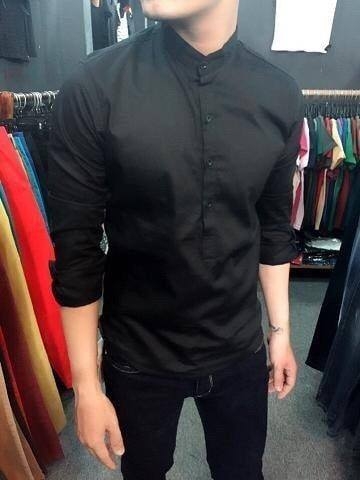 Áo Sơ Mi Nam Cổ Trụ Dài Tay Màu Đen