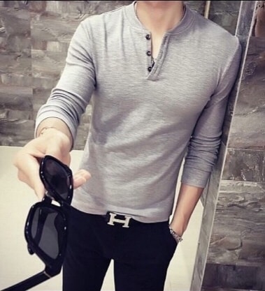 Áo Thun Nam Dài Tay Phối Nút Màu Xám