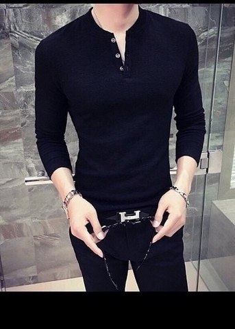 Áo Thun Nam Dài Tay Phối Nút Màu Đen