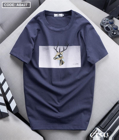 CT543 - Áo Thun Nam Cổ Tròn Họa Tiết Tuần Lộc Màu Xanh Đen