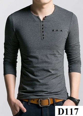 D117 - Áo Thun Dài Tay Xám Phối Nút Cổ