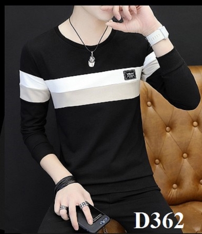 Áo Thun Dài Tay Phối Sọc Ngang Đen Xám Trắng D362